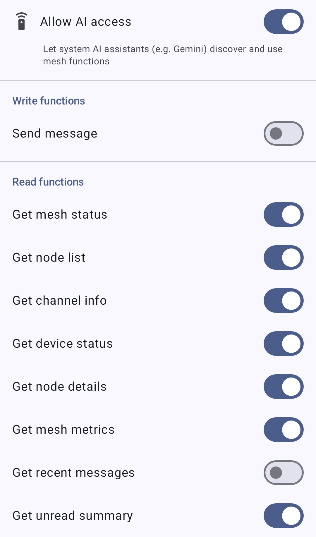 App Functions screen with master and per-function toggles