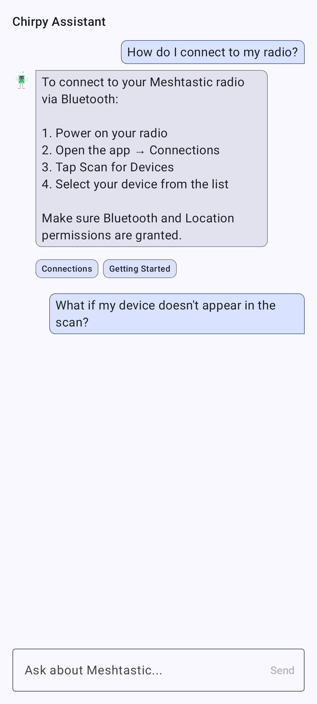 Chirpy AI assistant answering a question with page links