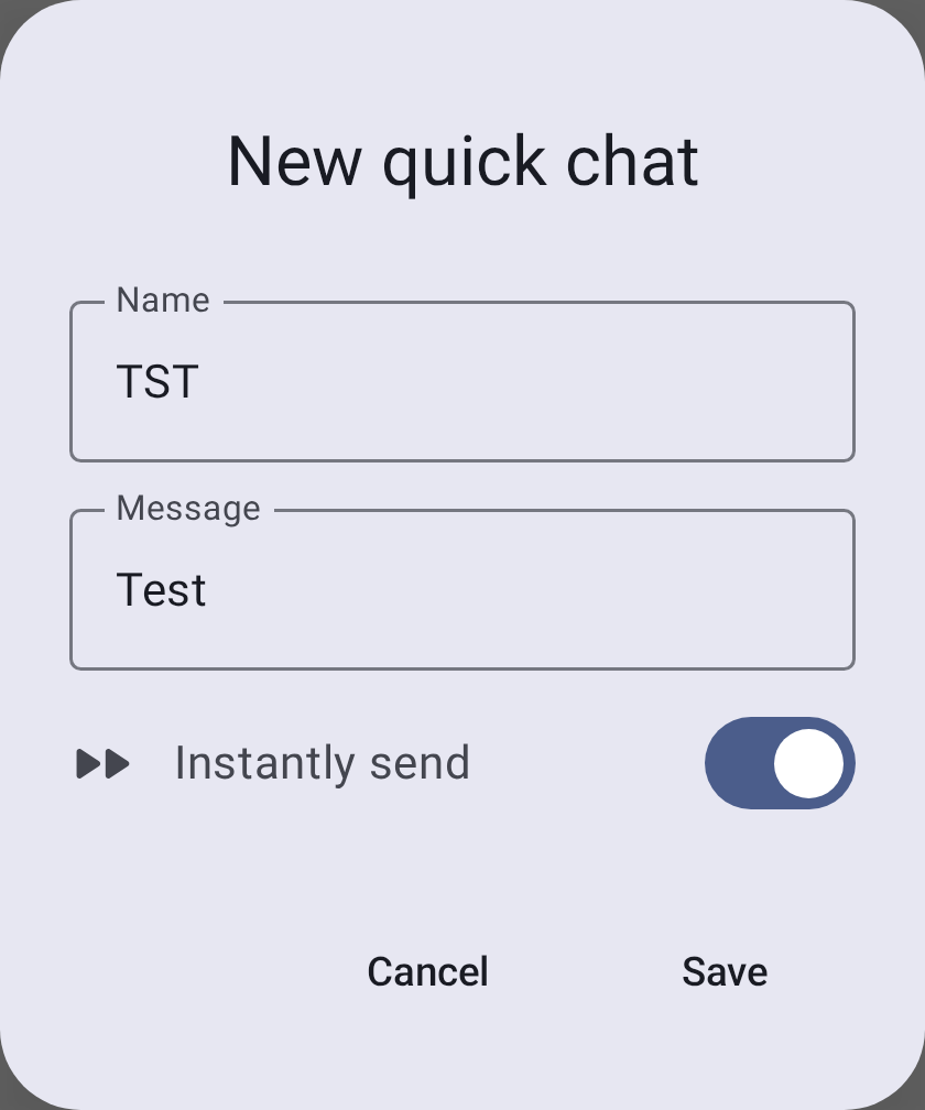 New quick chat dialog with name, message, and instantly-send toggle