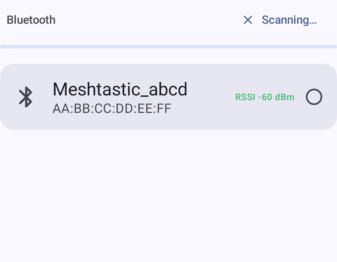 Scanning for Bluetooth devices, with a discovered radio in the list
