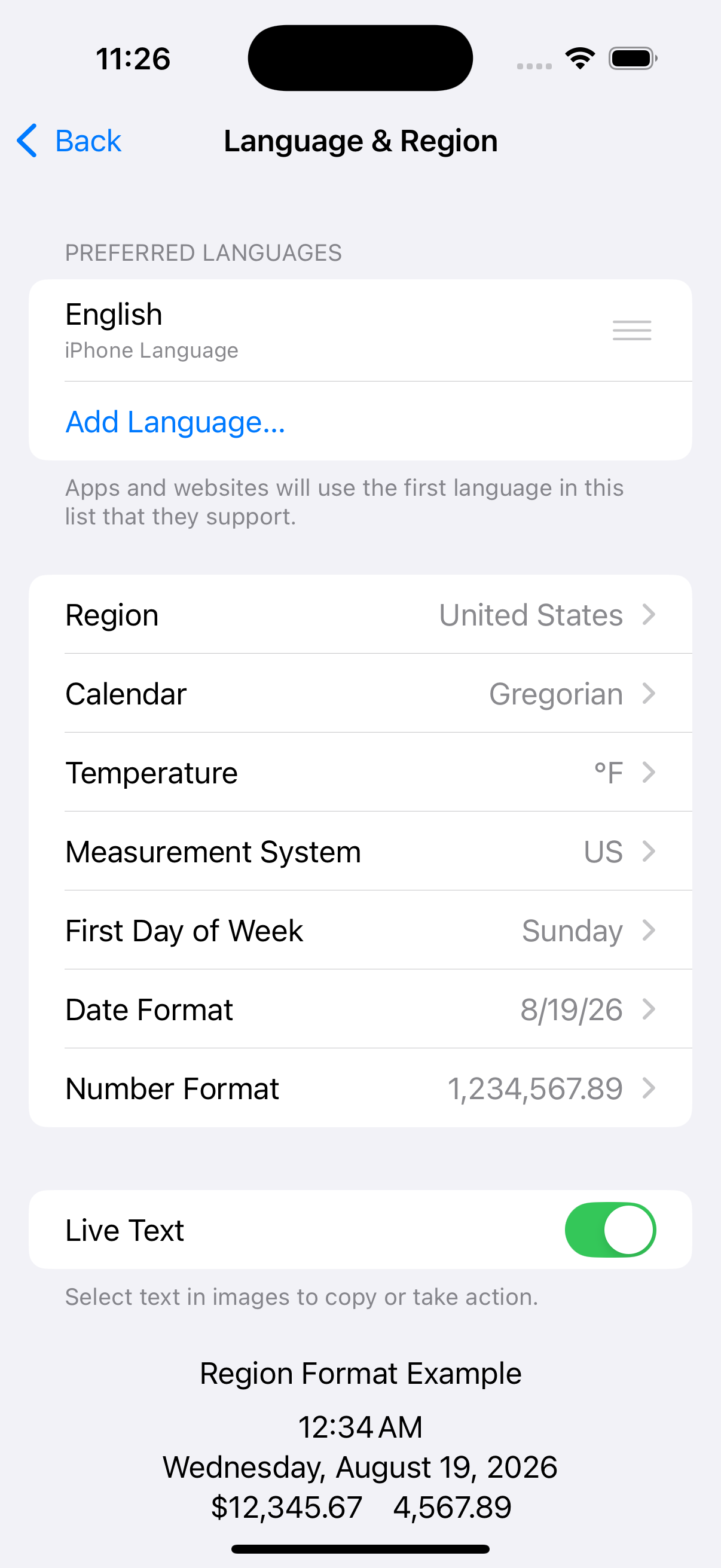 Language & Region settings
