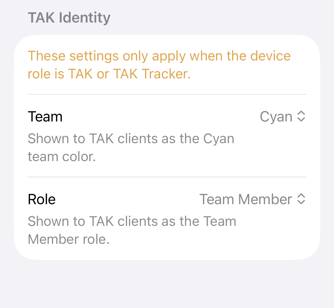 TAK Identity section with Team and Role pickers